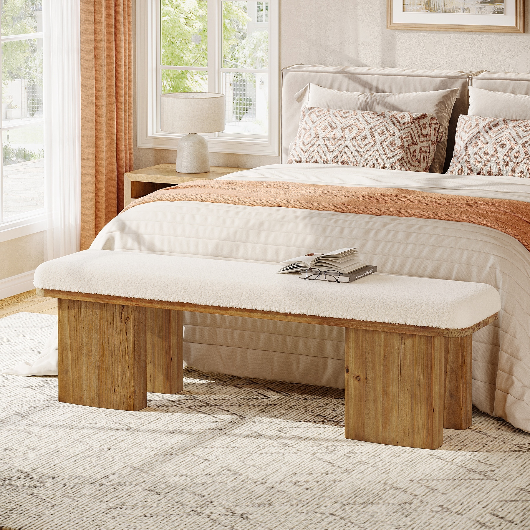 59.05-Inch Modern Bench, Solid Wood Upholstered End of Bed Bench