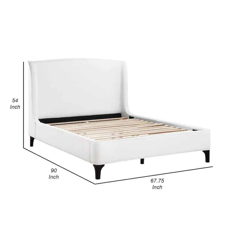 Mabe Queen Size Bed, Wingback Curved Headboard, White Fabric Upholstery