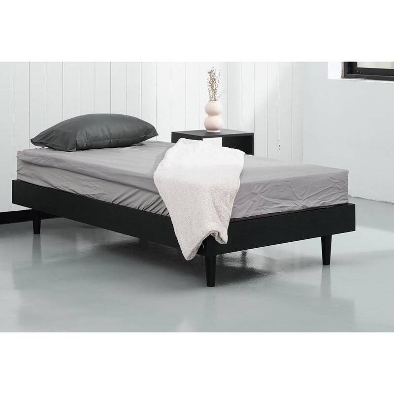Twin Size Mid Century Modern Platform Bed Frame Black Wood Finish Floating Design Silent Slats Easy Assembly