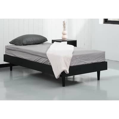 Twin Size Mid Century Modern Platform Bed Frame Black Wood Finish Floating Design Silent Slats Easy Assembly