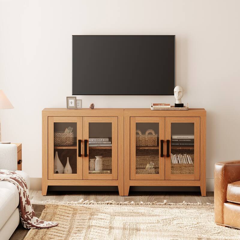 WAMPAT Modern Farmhouse Modular Buffet Cabinet, Glass Door Sideboard with Adjustable Shelves