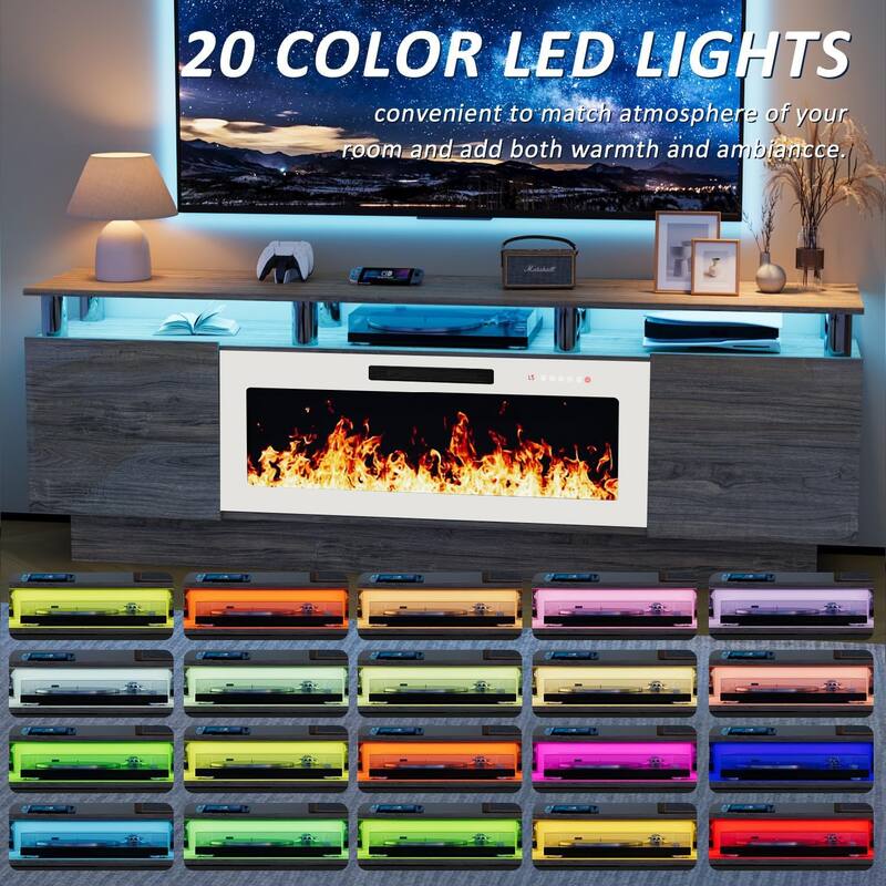 BOSSIN 70" Modern Electric Fireplace TV Stand, with Electronic Flame and LED Lights, High Gloss Finish Entertainment Center