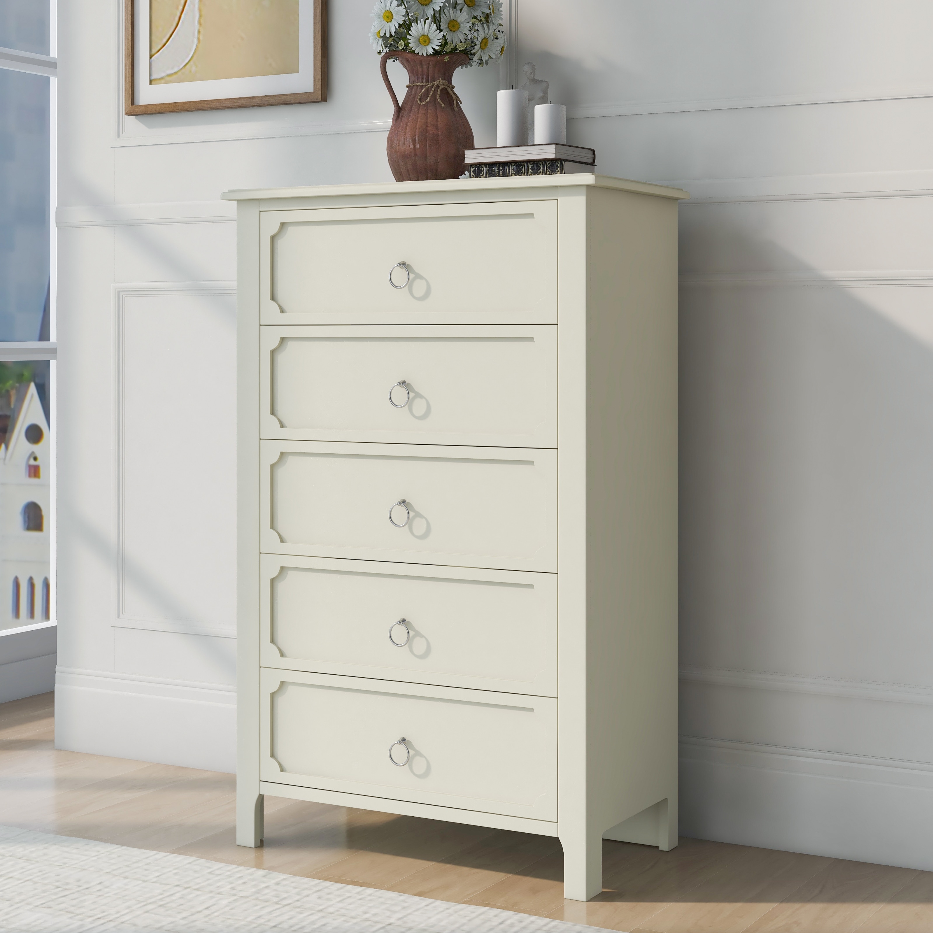 White chest of sales drawers silver handles