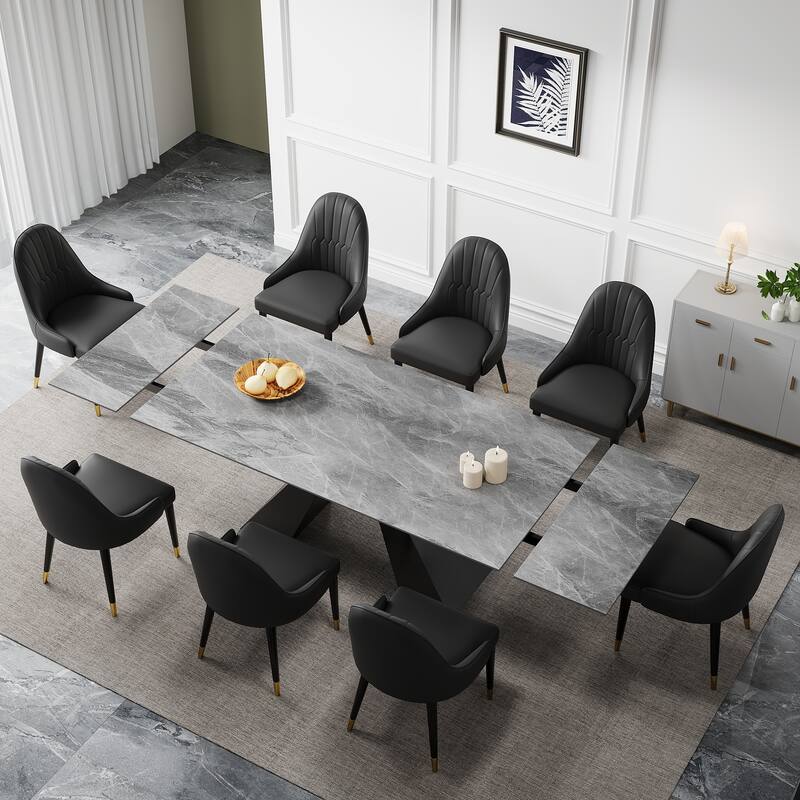9 - Piece 110.24'' Extendable Sintered Stone Dining Table and 8 Leather Chairs Dining Set