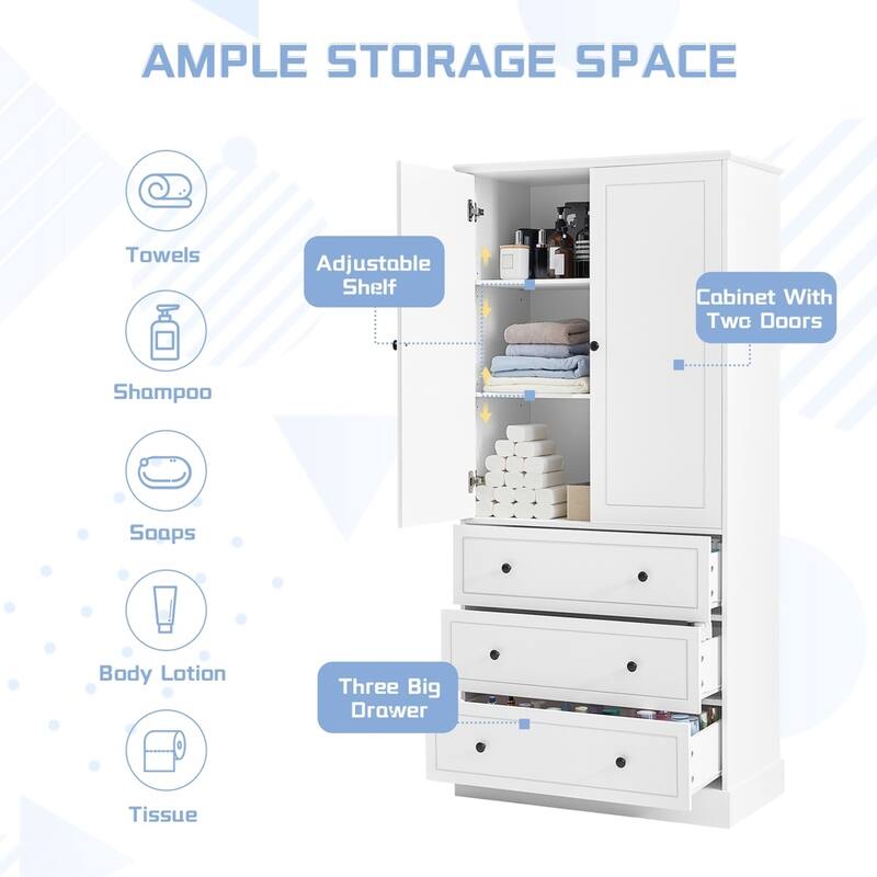 White Bath Storage Cabinet, 3 Drawers Adjustable Shelves, Multi Area