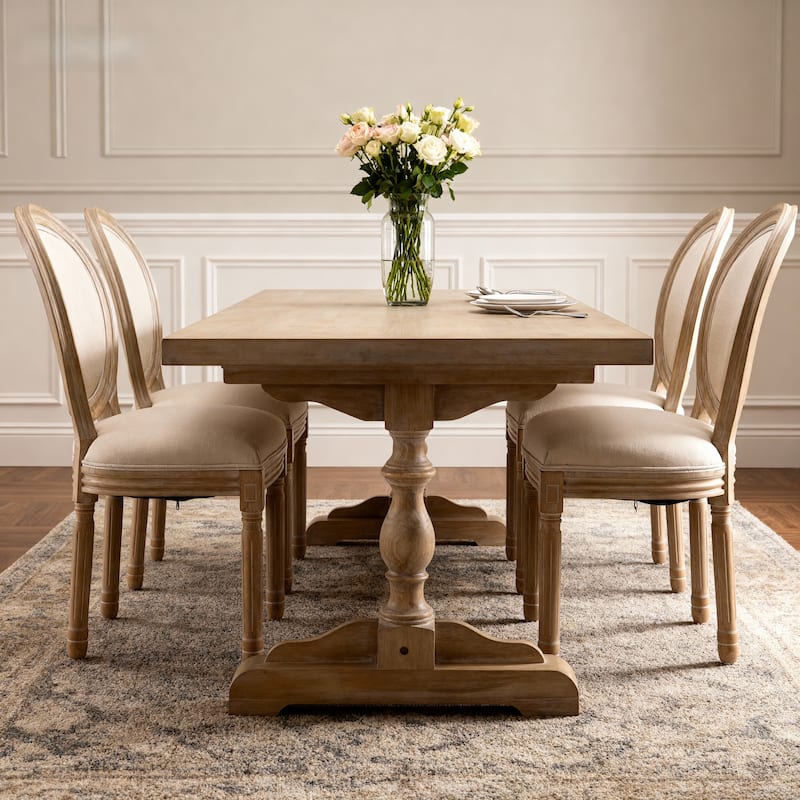 French Style Solid Wood Frame Linen Fabric Oval Back Dining Chair, Set of 2