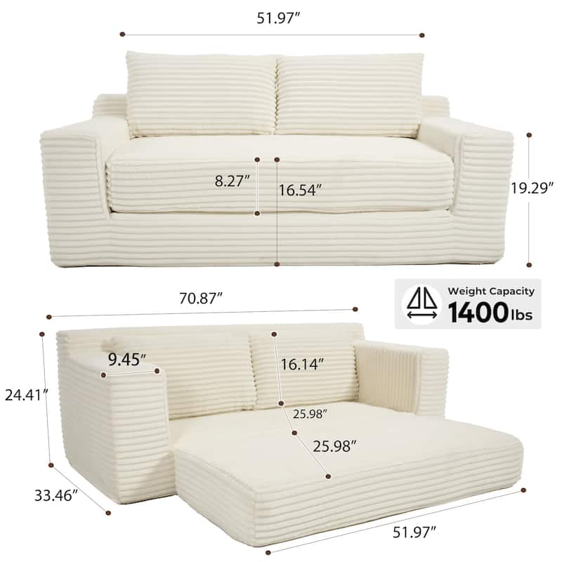 Corduroy 2-in-1 Convertible Loveseat Sofa Upholstered Deep Seat Sofa w2 Pillows Tufted Couch Livingroom Recliner Sofa