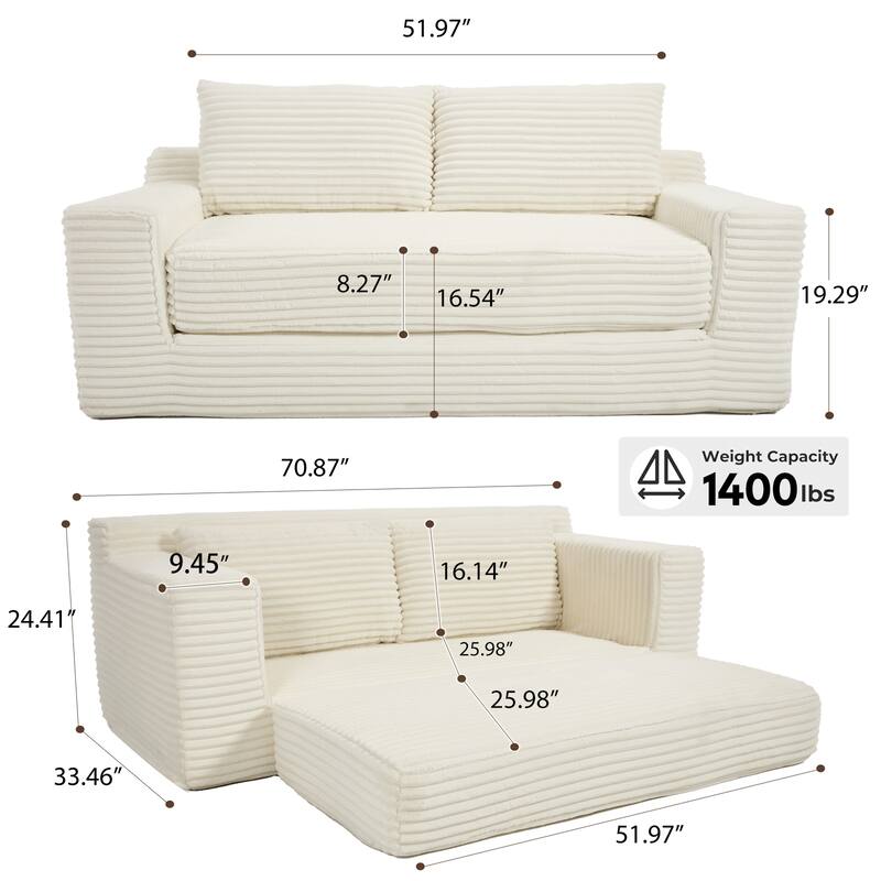 Corduroy Cloud Loveseat Sofa, 2-in-1 Convertible Loveseat Sofa Bed, Memory Foam Floor Lounge Sofa for Living Room, Apartments