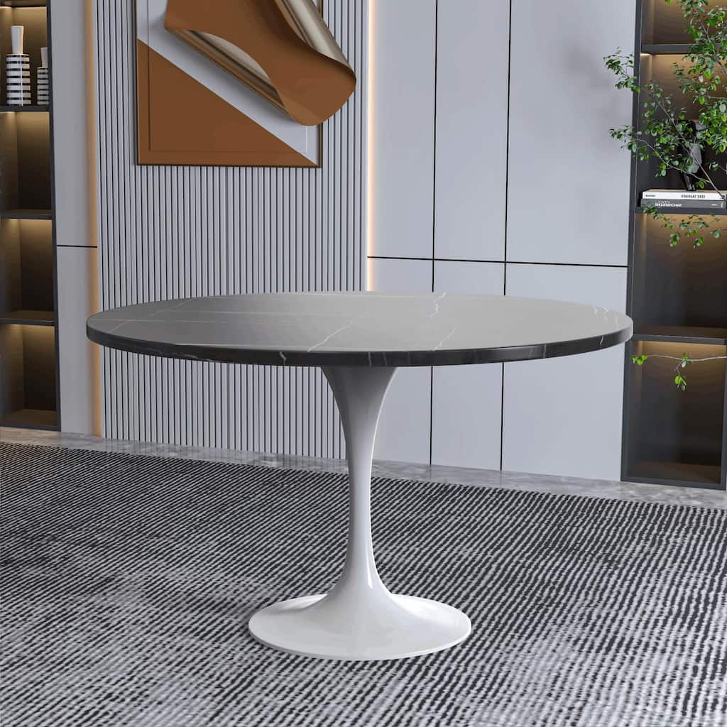 LeisureMod Verve 48" Round Dining Table with Stone TableTop and White Steel Base for Kitchen & Dining Room