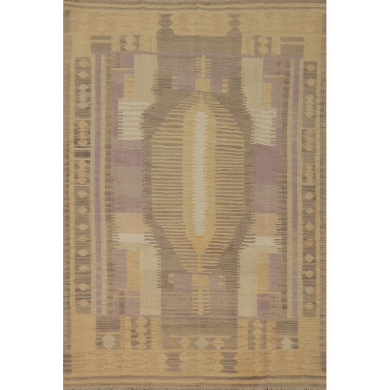 Hand Woven Oriental 100% Wool Carpet Southwestern Tribal Yellow & Gold Kilim Area Rug - 6' 7'' X 5' 0''