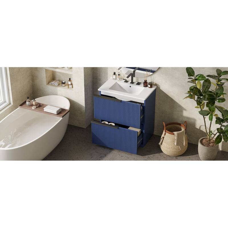 30" Bathroom Vanity with Ceramic Sink and Full-Extension Drawers, Freestanding Bathroom Vanity with Soft Close Drawer Slides