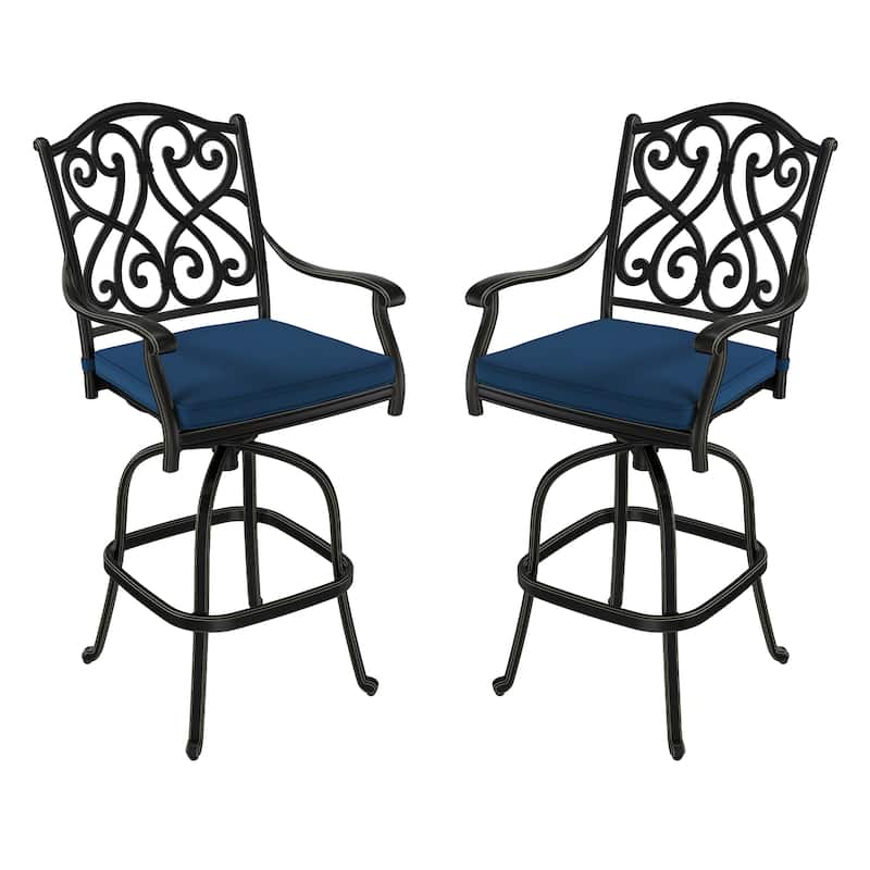 Patio Cast Aluminum Vintage Carved Barstools with Cushions (Set of 2)