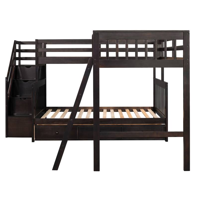 L-Shaped Twin over Full Bunk Bed with Drawers, Ladder, and Staircase in Espresso