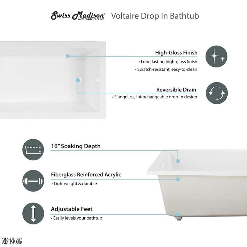 Swiss Madison Voltaire 72" Drop In Acrylic Soaking Tub with Reversible