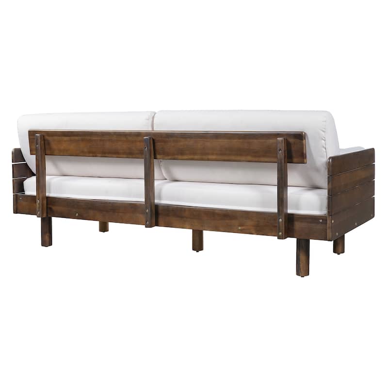 Christopher Knight Home - Mid-Century Acacia Wood Outdoor 3-Seater Patio Sofa with Water-Resistant Cushions and Bolster Pillows