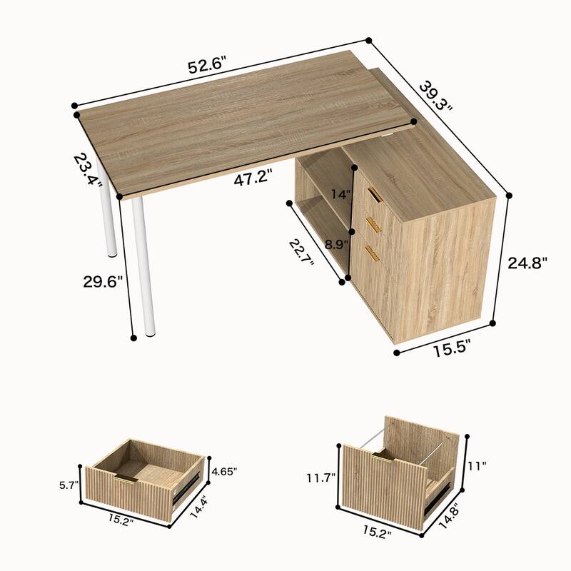 54W L Shaped Desk with Drawers and File Cabinet