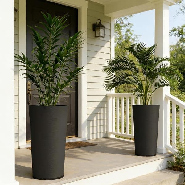outdoor tall plant pots Mayne 5868-B Lakeland Self-Watering Plastic Pot Planter, Black, 28"