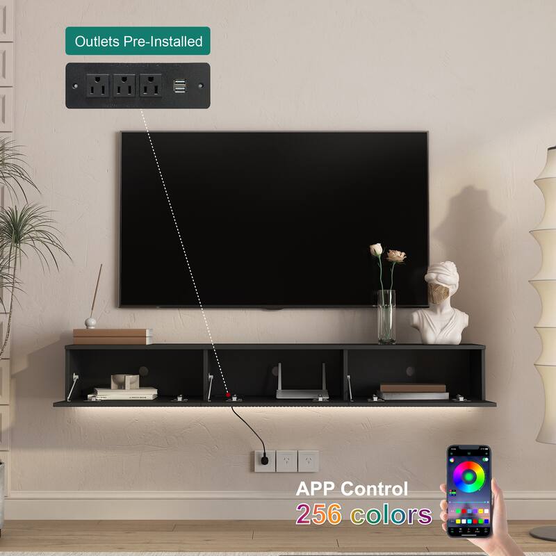 Floating TV Stand Wall Mounted with 16 Color LEDs, Floating TV Cabinet Entertainment Center for 55 60 65 Inch TV