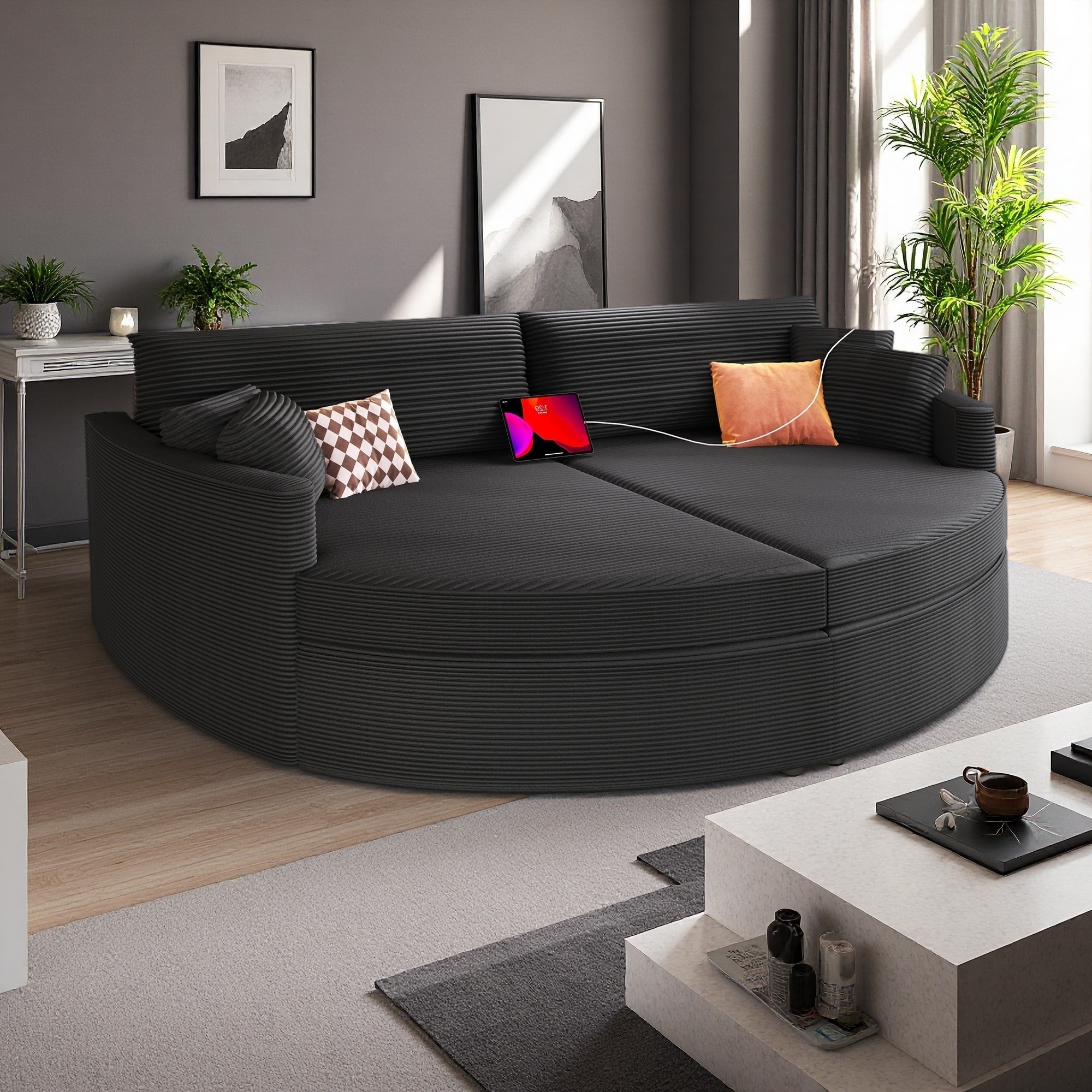 102.3" Corduroy Double Chaise 2-Seat Sofa Bed with USB Ports and Deep Seat