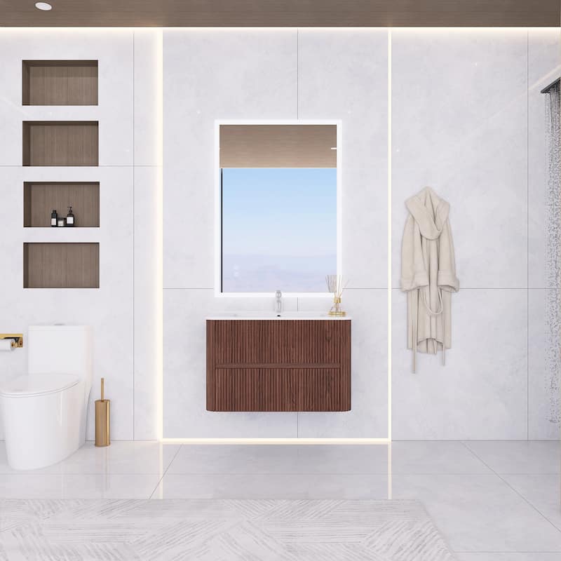 Wall-Mounted Bathroom Vanity in Walnut with Integrated White Ceramic Sink