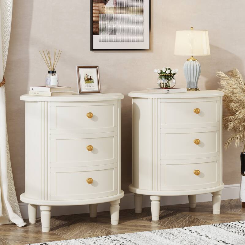 White Wood No Assembly Required 3-Drawer Bedside Table for Bedroom - 2 Pc White