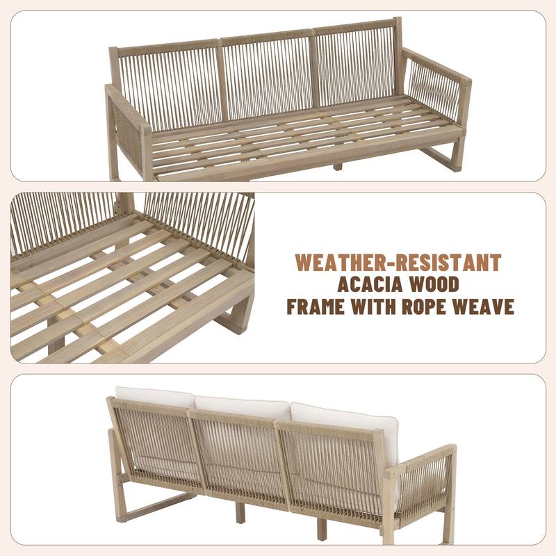 Outdoor 4-Piece Conversation Set Acacia Wood Patio 3-Seater Sofa Set Rope Weave Arm Chair with Coffee Table Weather Resistant