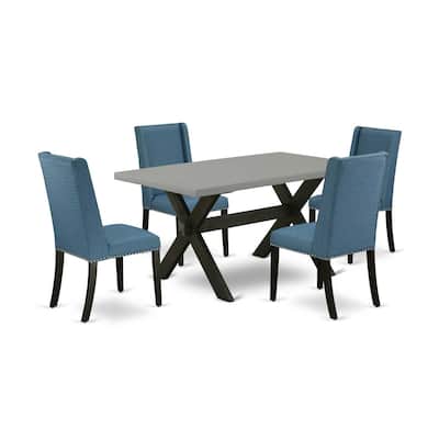 HomeStock 5-Piece Rectangle Natural Oak Finish Solid Wood Top Dining Table with 4 Upholstered Chairs with Lattice Back