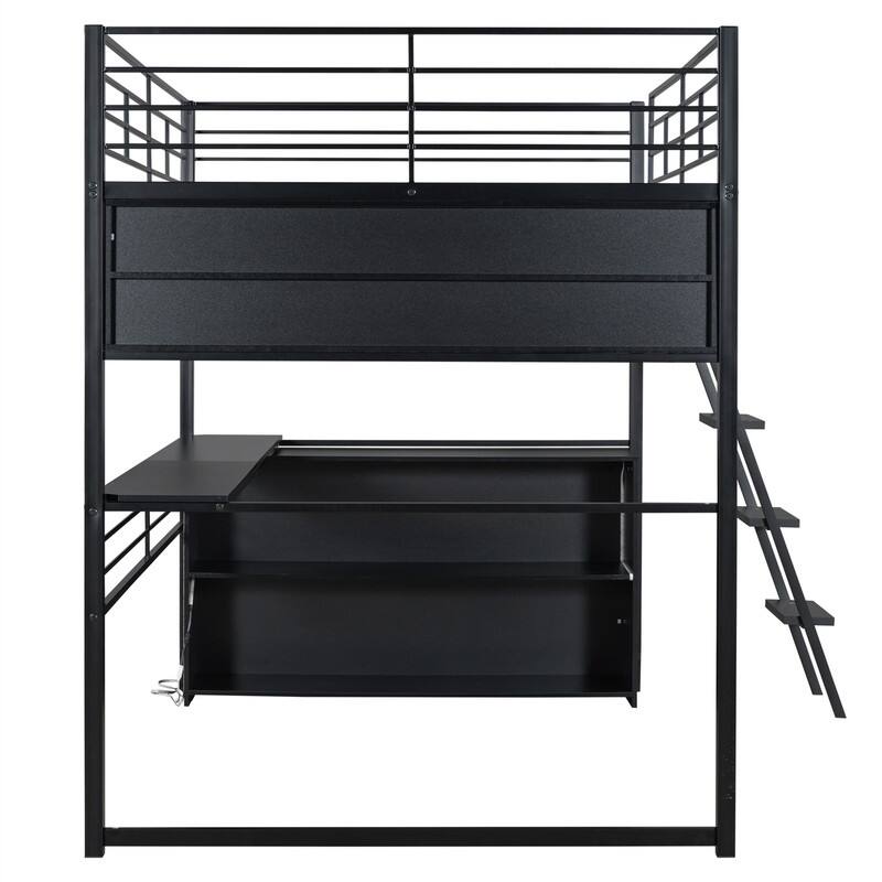 Metal Gaming Loft Bed with LED Light and Bulit-in Desk, Twin/Full Size Loft Bedframe with 4 Storage Shelves and Steps