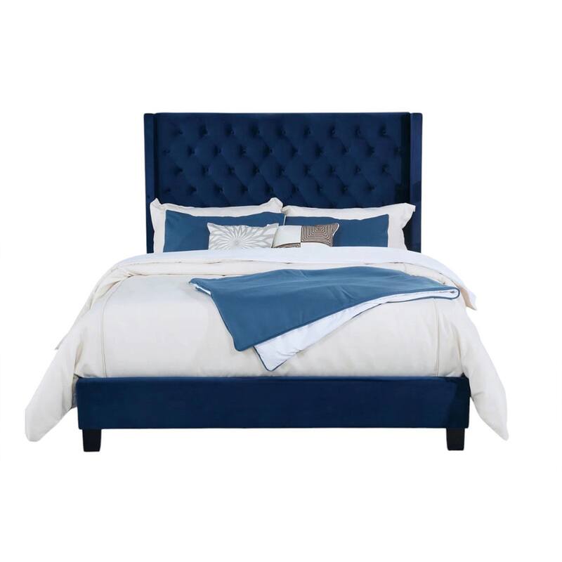 Hiu Queen Size Bed, Wingback Headboard, Navy Blue Velvet Like Upholstery
