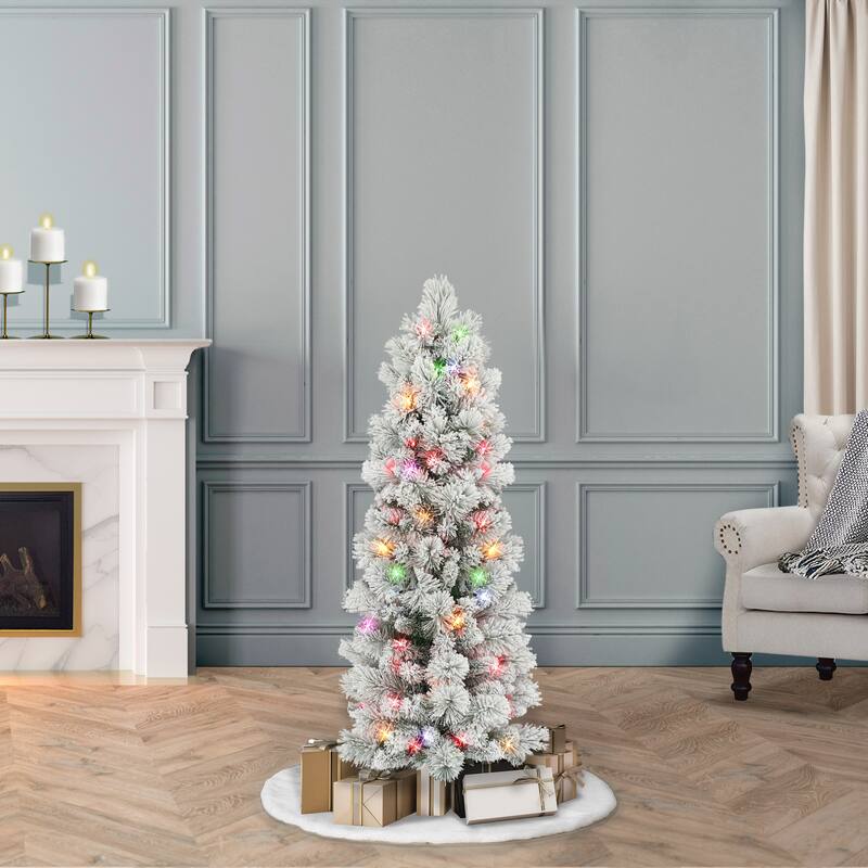 Puleo International 4.5 ft Pre-lit Flocked Portland Pine Pencil Artificial Christmas Tree
