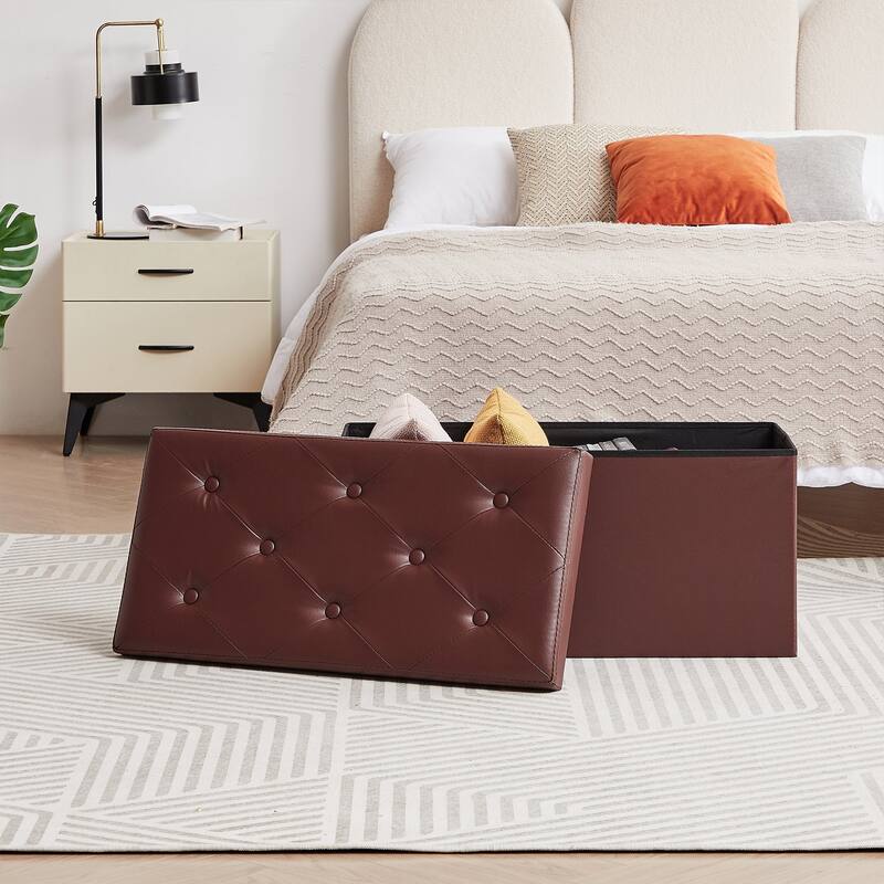 VECELO Folding Storage Ottoman, Bedroom Storage Bench, Versatile Footrest Footstool Tufted Faux Leather Chest for Living Room