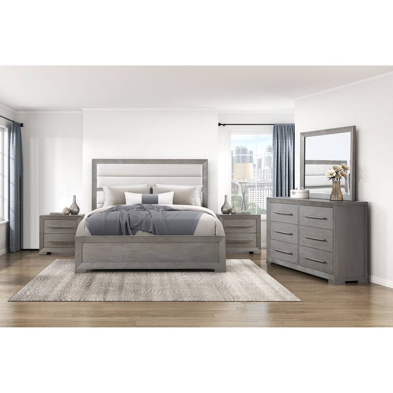 Gray Finish 5pc Bedroom Furniture Set Contemporary Bed Nightstands Dresser Mirror