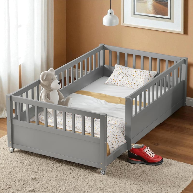 Twin/Full Montessori Floor Bed with High Fence & Open Door, Solid Pine, Playroom/Bedroom, No Box Spring - Grey - Twin