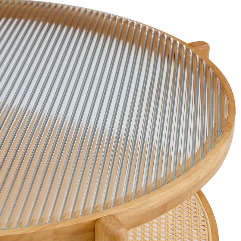 Circular Double-Layer Coffee Table, Glass Coffee Table with Open Rattan Storage Shelf Solid Wood Frame Tea Table
