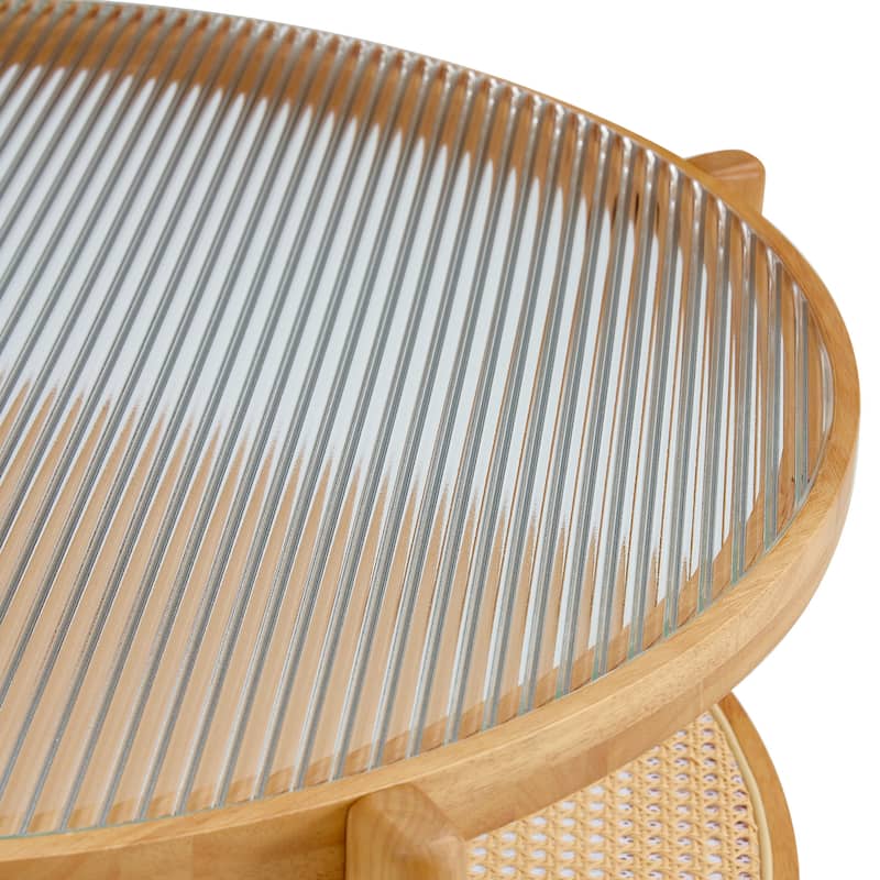 GDFStudio Alveron Solid Wood Double-Layer Coffee Table with Striped Glass Top