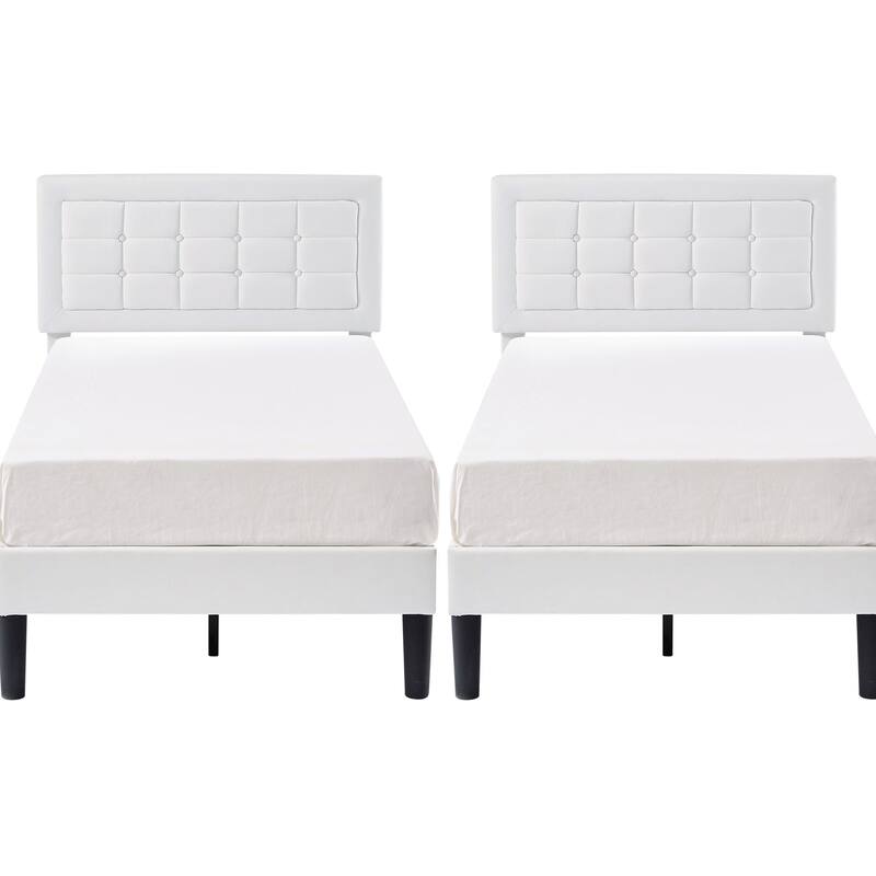 VECELO Tufted Upholstered Kids Bed with Adjustable Headboard,Twin Size Bed Set of 2