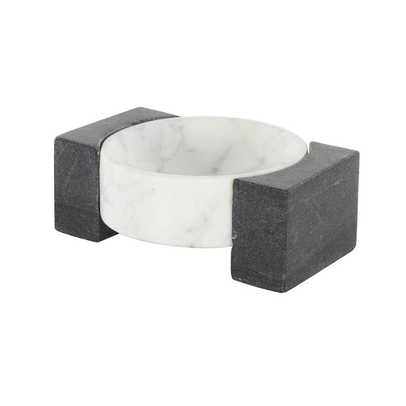 Marble Geometric Round Tray with Black Rectangular Blocks - White - Roche River Decor