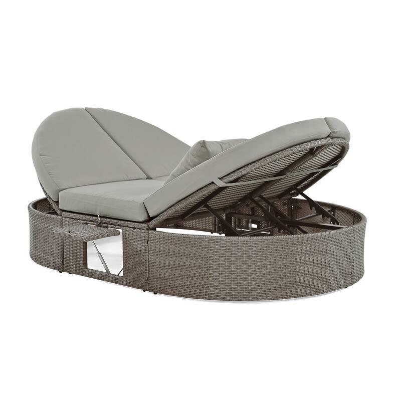 Gray PE Rattan Outdoor Daybed with Foldable Cup Trays and Reclining Backrests
