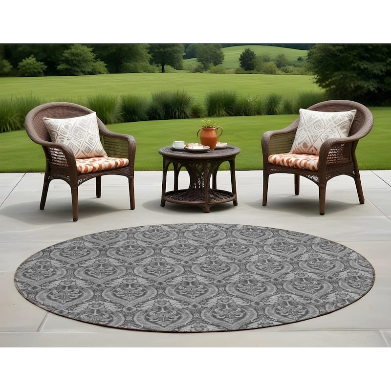 Pami Garden-Inspired Weather Resistant Versatile Elegance Outdoor Rug - 8' Round - Grey