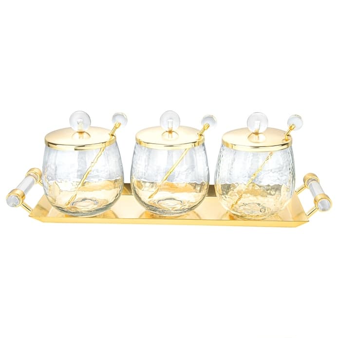 3 Canisters on Rectangle Tray with with Clear Ball Knobs - Gold