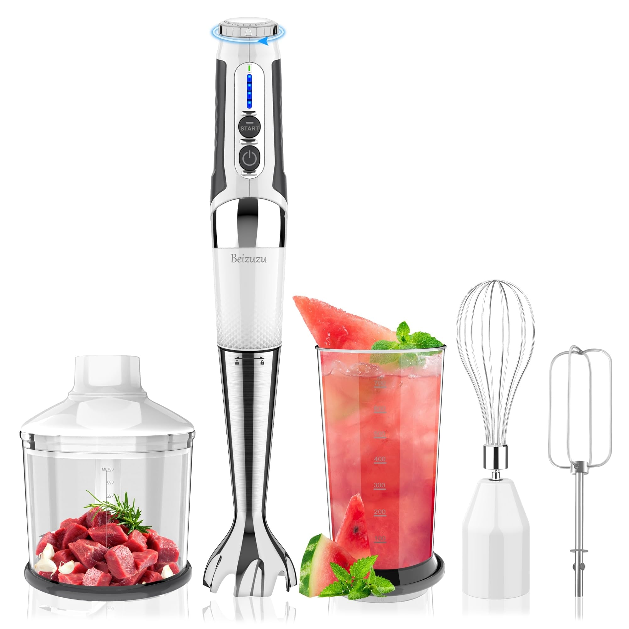 Cordless Hand Blender, Immersion Blender, Variable Speeds & 3-Angle Adjustable with 700ml Chopper, Beaker, Egg Whisk and Beater