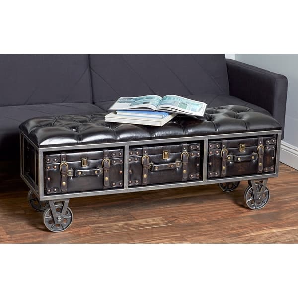 slide 2 of 21, Black Faux Leather Tufted Upholstered 3 Trunk Storage Bench with Industrial Wheels and Gold Studded Accents Black