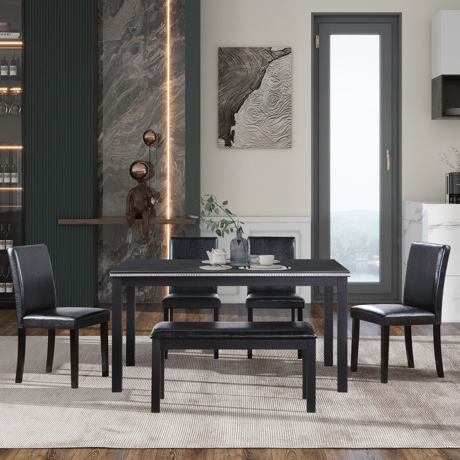 Black Versatile Wooden 6 Piece Dining Set with Rectangular Table and Upholstered Bench 4 Side Chairs for Dining Room