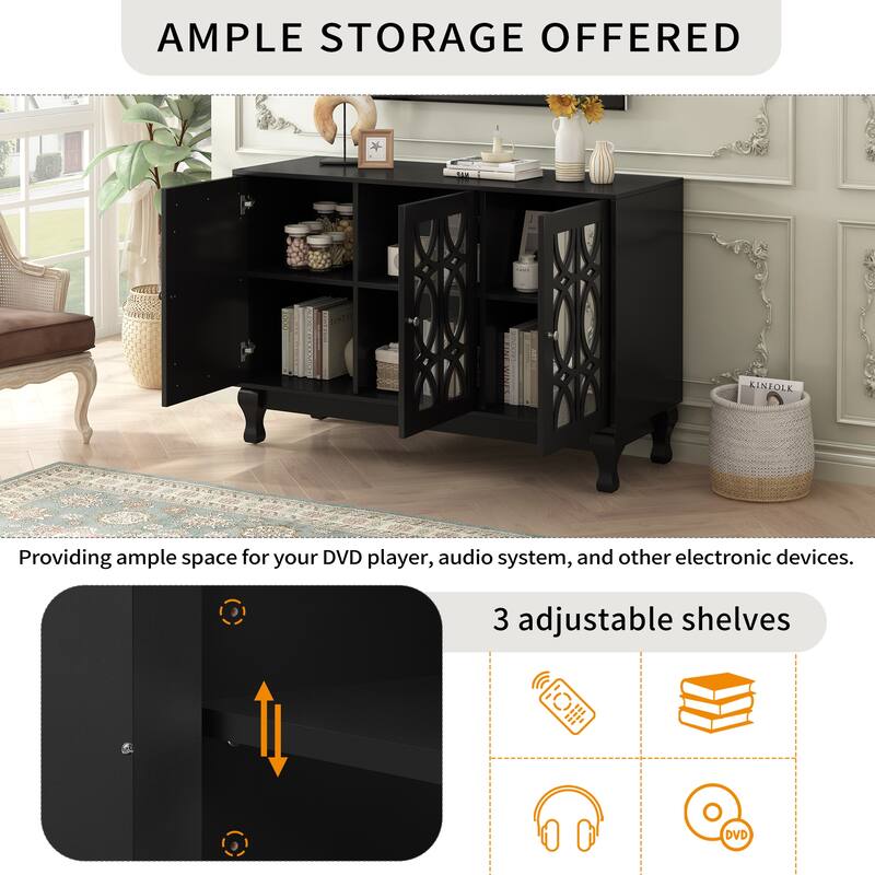 47" Mirrored TV Console for TVs up to 55", Floral Pattern Cabinet with Solid Wood Legs, 3-Door Storage & Adjustable Shelves