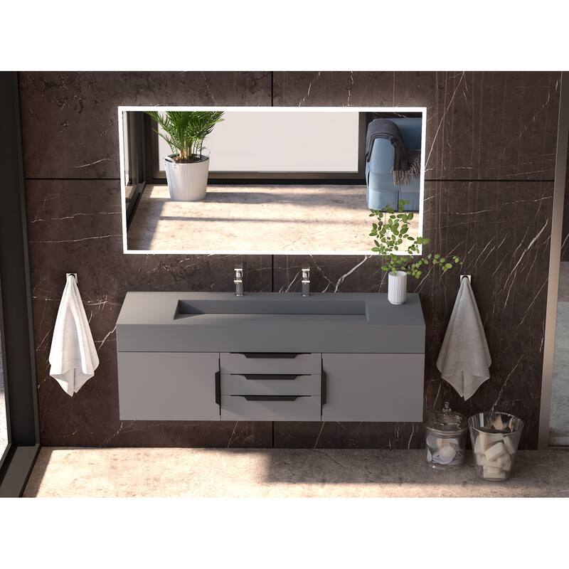 Nile 60" Wall Mounted Bathroom Vanity Set with Gray Solid Surface Top