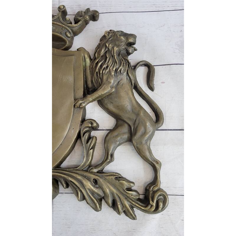 Coat Of Arms Family Crest Lions Crown Bronze Wall Mounted Hanging Sculpture 13 Inches X 16 Inches