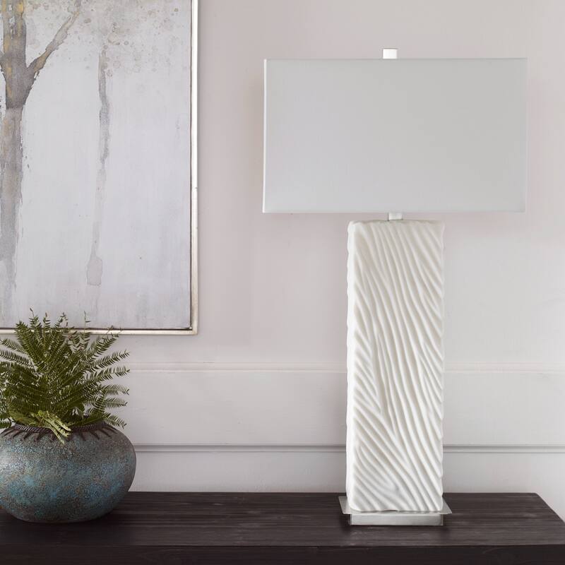 Carved Base Table Lamp with Rectangular Drum Shade - 32" - Cream