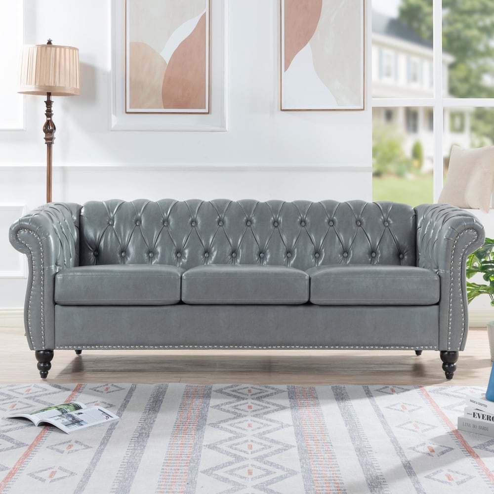 Upholstered Rolled Arm Chesterfield 3-Seater Sofa.