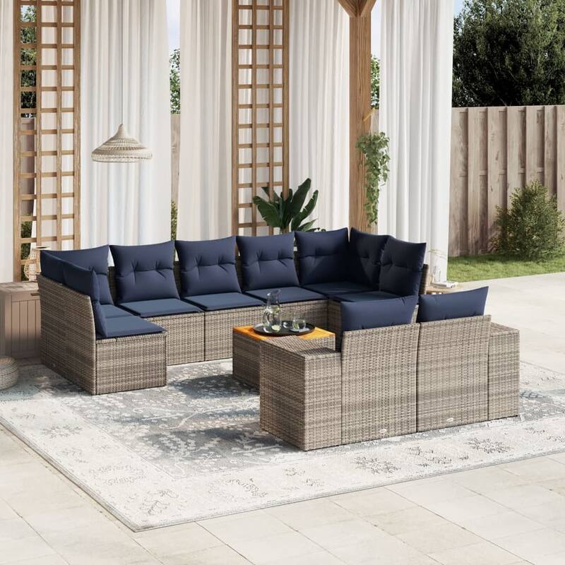 vidaXL 10 Piece Patio Sofa Set with Cushions Gray Poly Rattan - 113.8x33.5x73.2