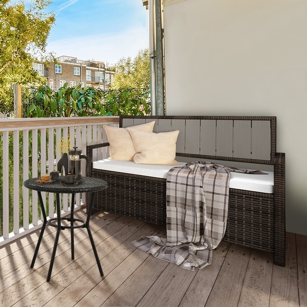 Moasis 70 Gallon Outdoor Storage Bench Weather Resistant Woven Rattan Deck Box with Loveseat and Cushions Khaki
